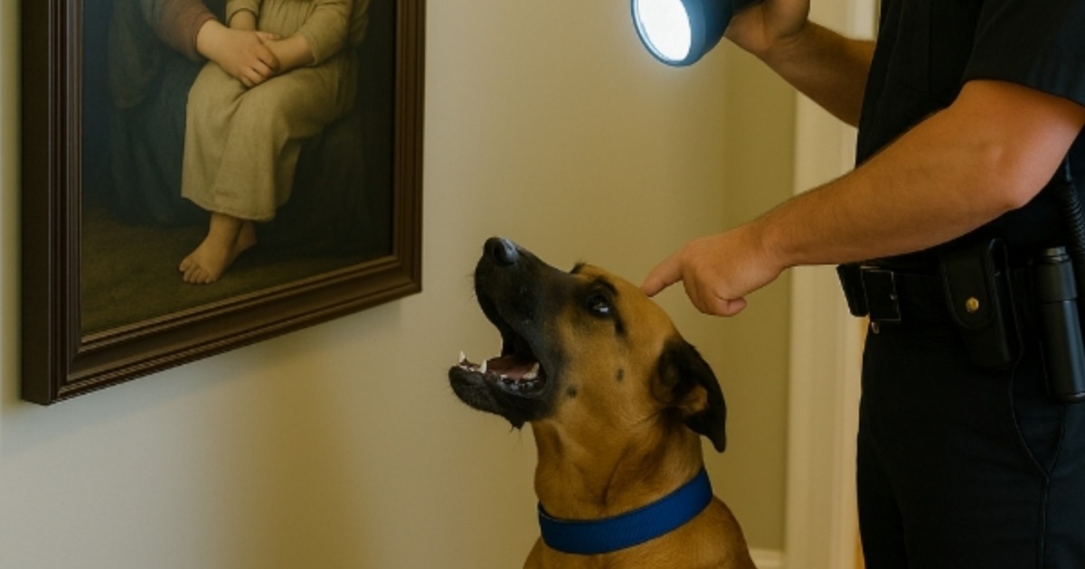 Ein Hund begann während der Durchsuchung eines Hauses laut auf ein altes Gemälde zu bellen. Die Polizisten, die es abnahmen, konnten nicht glauben, was sie entdeckten – es ließ allen das Blut in den Adern gefrieren.